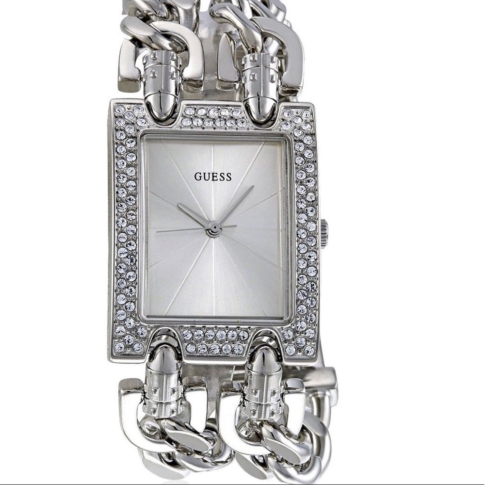 GUESS chain-link silver square-link watch.